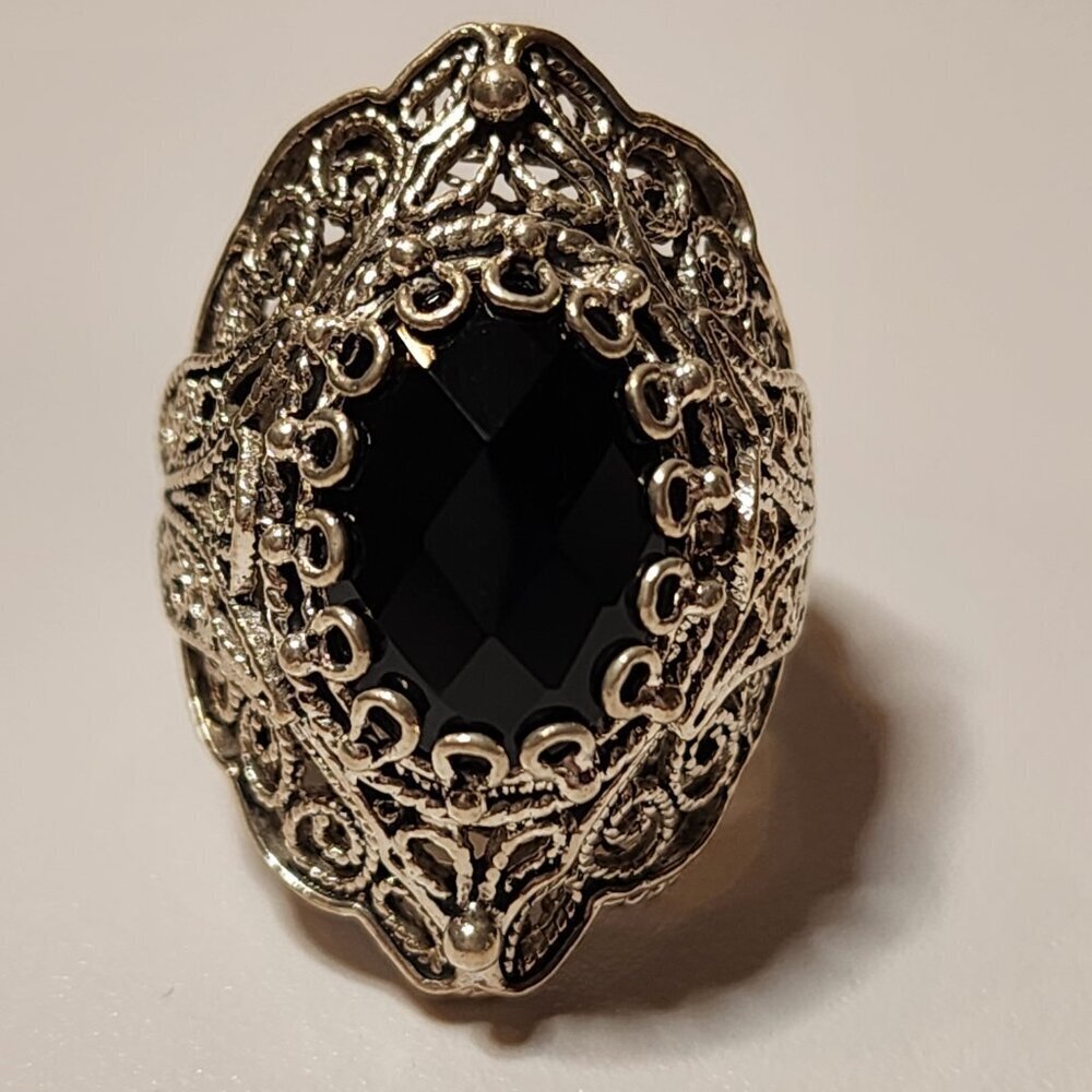 Vintage 925 Silver Black Onyx Filigree Ring - Picture 6 of 8